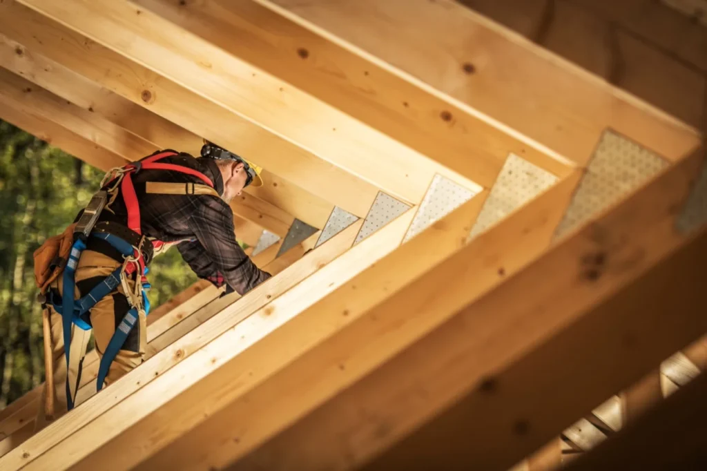 Operatore impegnato nel montaggio di una copertura con travi in legno