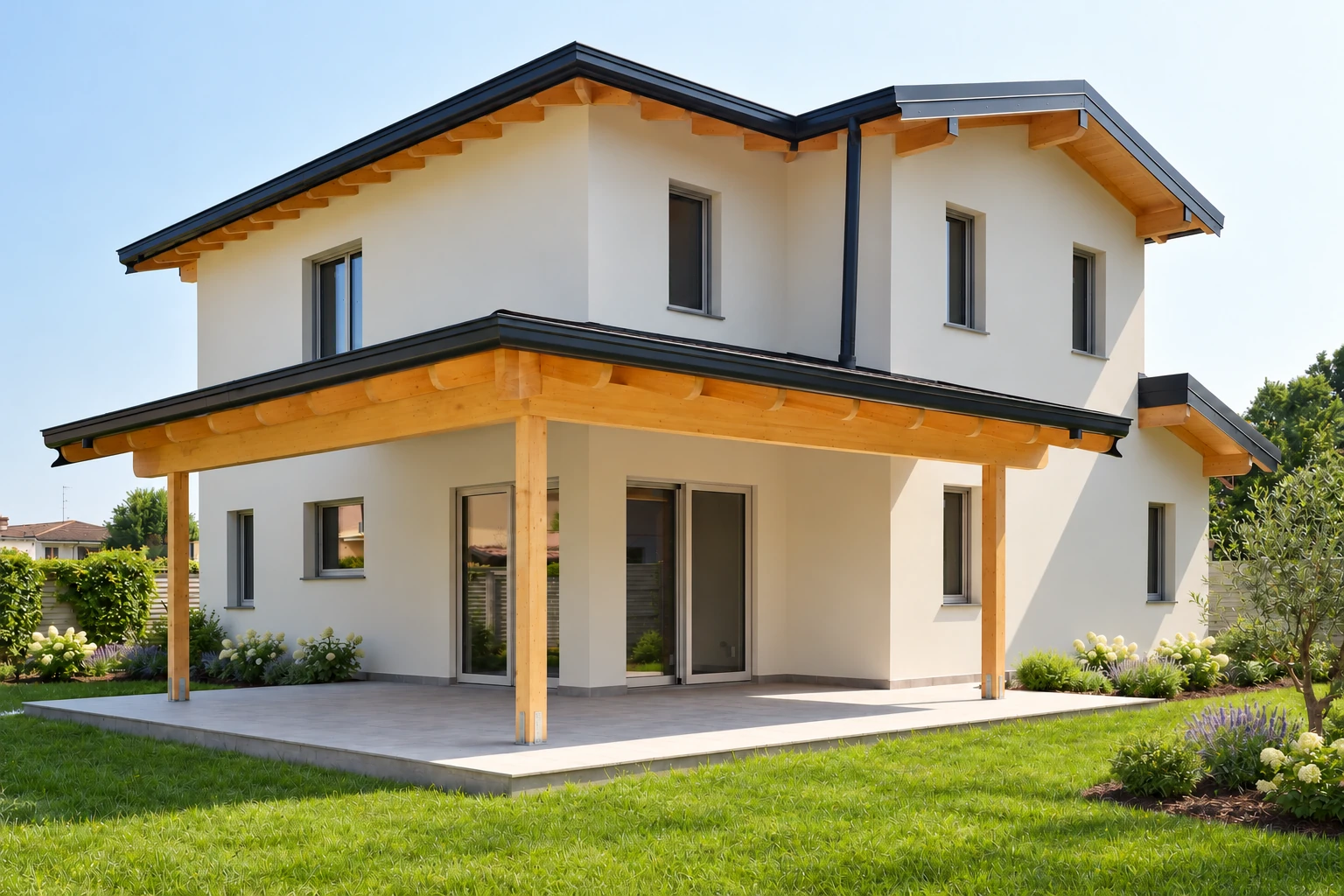 Casa con porticato in legno: fotografia ripulita e giardino illustrativo