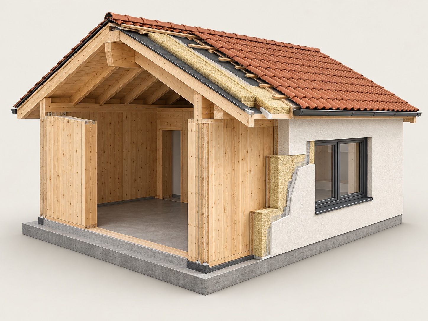 Spaccato illustrativo di una casa in legno con struttura portante, copertura, cappotto e serramento