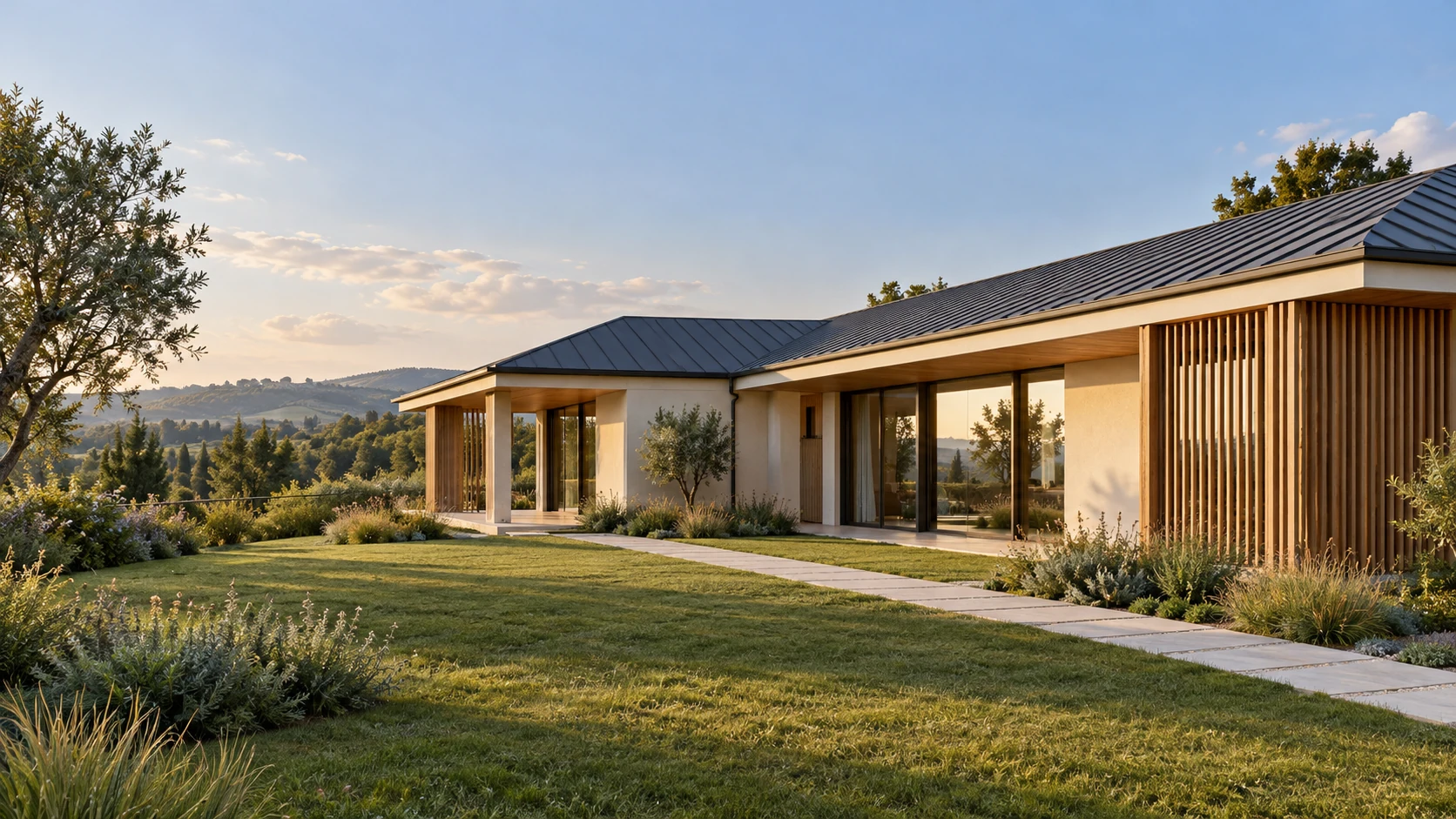 Concept iPosatori: casa in legno su un piano con portico e giardino